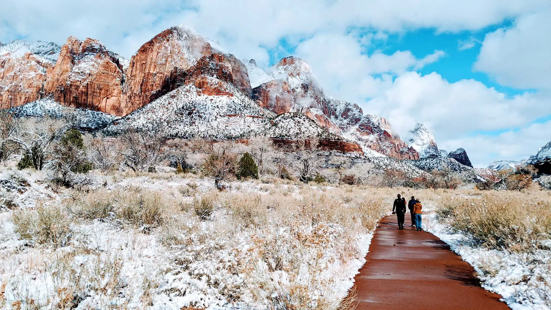 walkers on a path in zion in winter