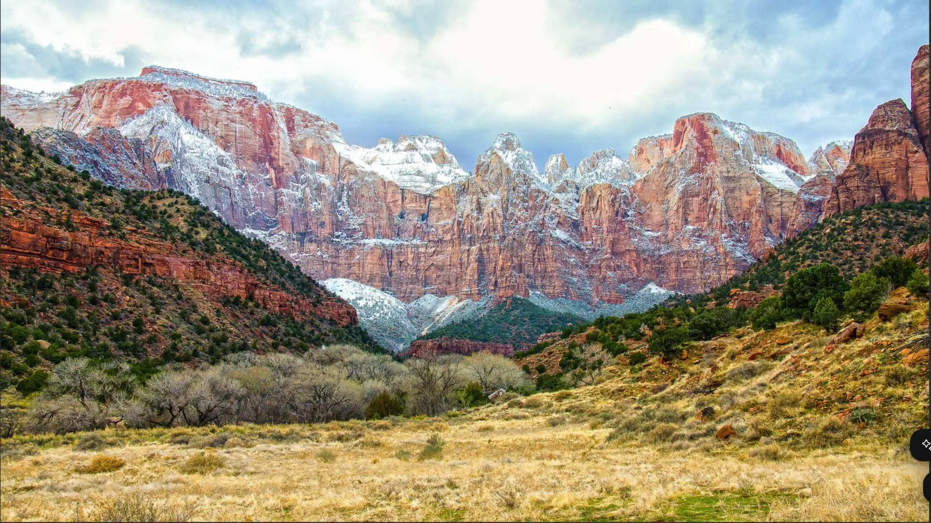 view of the mountain rock at zion in the winter